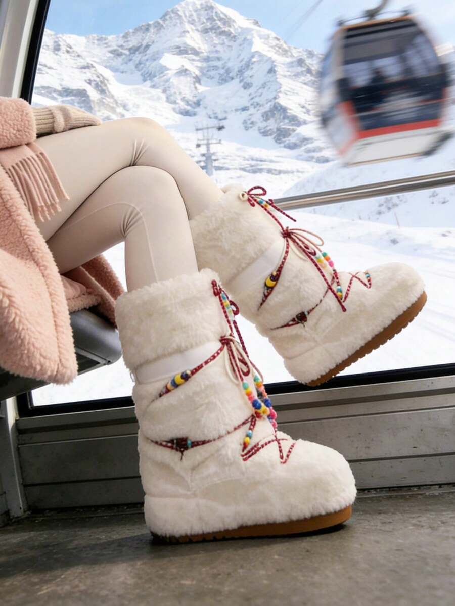 Faux Fur Boots For Women Winter Snow Boots Platform Lace Up Round Toe Boots Warm Snow Shoes Fluffy Winter Boots - 米色 - 查看 1