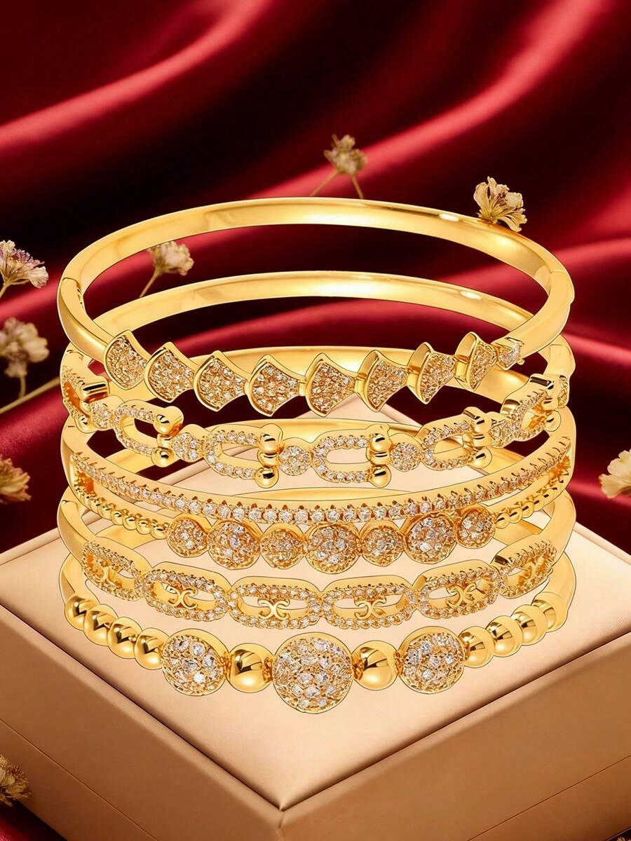 1 pieza/5 piezas Brazalete de cobre con circonita personalizado de moda, diseños diversos, personalizado distintivo, que muestra estilos únicos y sabiduría, regalo perfecto para el día de la madre - Dorado - Ver 1