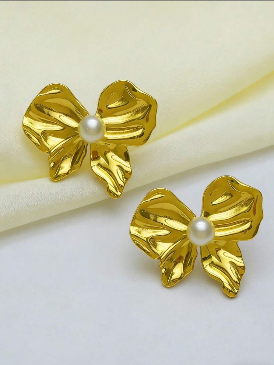 1 par de pendientes asimétricos de acero inoxidable con lazo y perla, adecuados para fiestas y uso diario - Dorado - Ver 1