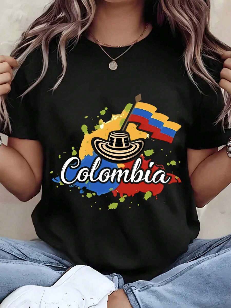Women T Shirt Colombia Flag And Hat Print Round Neck Regular Fit Casual Top For Everyday Wear Gift Idea 220g - màu đen - Xem 1