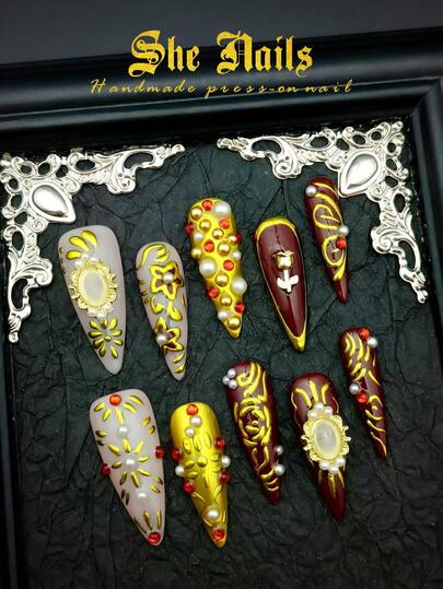 DIY Acrylic Nail Kit Cute Baroque Junk Punk Rock Y2K Goth Nail Art Look With 10pcs Middle Western American And Europen French Tip Glossy Shinning Metallic Gold Nails Red Nails Long Stiletto Acrylic Handmade Press On Nails With Field Handpainted Golden Ripples Flowers Blendig Dots Handcraved 3D
