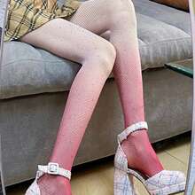 Thin, Gradient Fishnet Stockings For Women, Black Stockings With Rhinestone Embellishments, Fishnet Tights. - Hot Pink - View 1