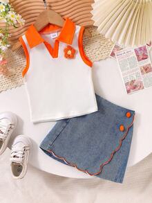 2pcs Young Girl 3D Floral Knit Colorblock Polo Top And Denim Ruffle Skort Set, Summer - Orange - View 2
