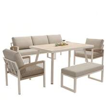 Handwoven 7-Seater Garden Sofa With Armrests / Sturdy Iron Frame And Beige Cushions / Includes A Table (Wood-Effect Glass) And 2 Armchairs / Weather-Resistant Patio Set - Beige - View 7