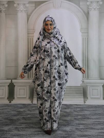 Women's Floral Print Hooded Robe, Woven Fabric, Zipper Closure, Arabic Prayer Robe, Casual Loose Fit Long Robe, Suitable For All Seasons