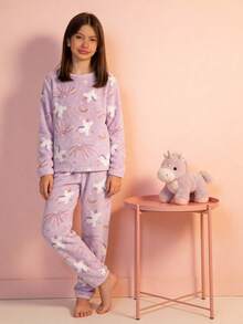 Furry Ted Winter Unicorn Children's Pajamas Pink - 查看 3