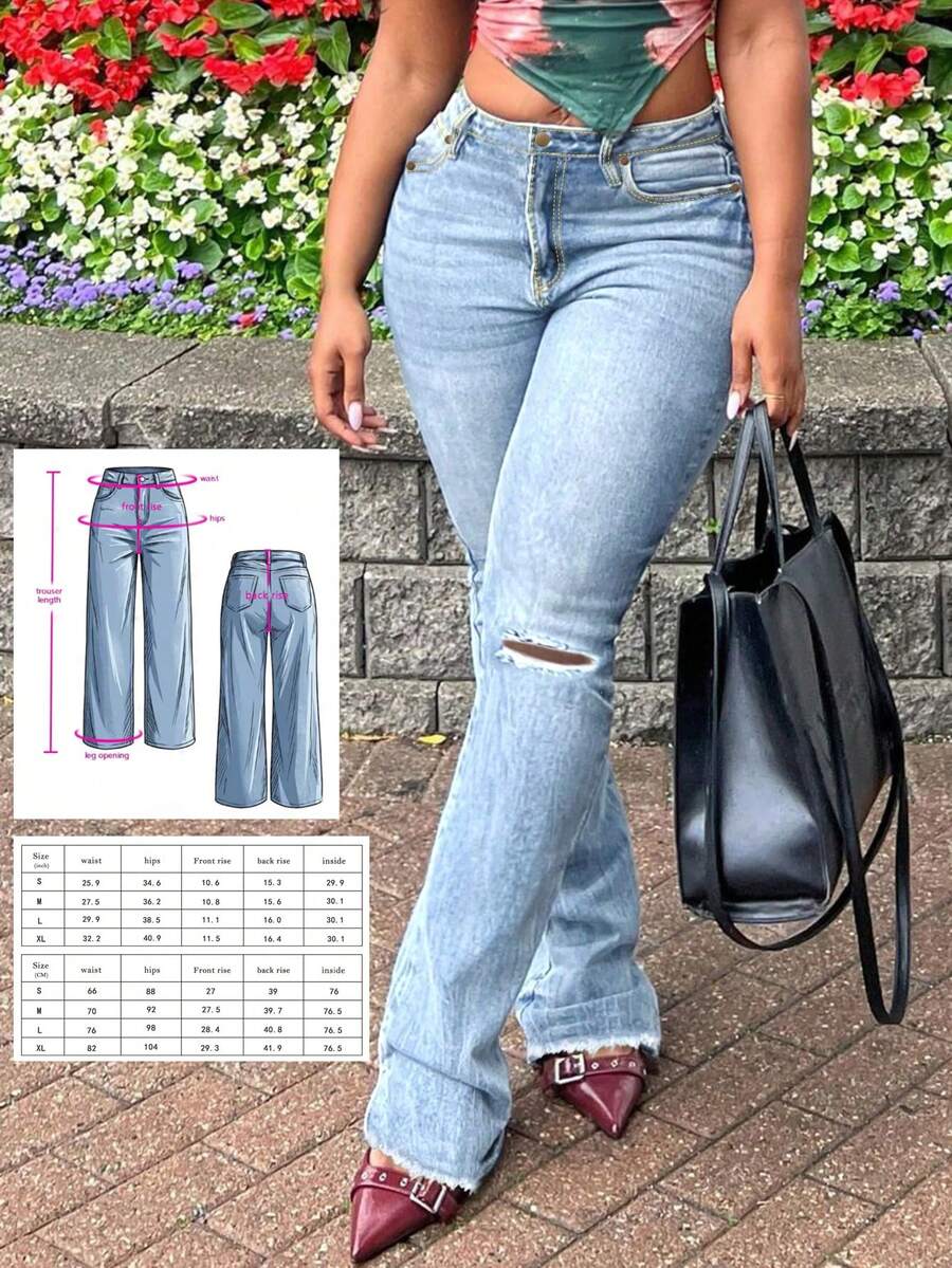 百搭水洗做旧口袋喇叭牛仔裤，适合女性通勤、休闲度假和约会穿着。 - 淺色水洗藍 - 查看 1