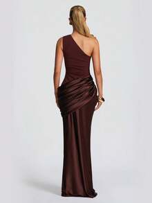 Sleeveless Solid Color Party Sexy Zipper Asymmetric/Asymmetrical Backless Evening Dress - Brown - View 3
