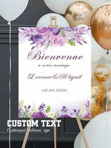 Customizable Wedding Welcome Sign With Personalized Text, Name And Date, Purple Floral Decoration For Bachelorette Parties, Bridal Showers And Birthdays - Multicolor 01 - View 5