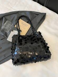 1个休闲通勤女包，大容量2025新款编织纹理纯色简约百搭单肩包，时尚小众压纹手提包，舒适独特肩带，适合大学生、购物、约会、度假，附赠装饰丝带。 - 黑色 - 查看 10