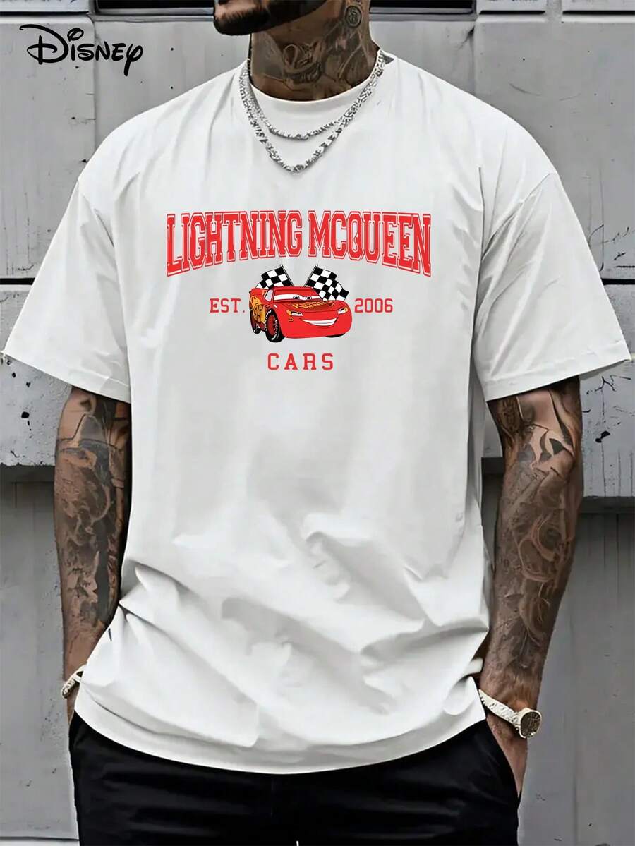 Disney Authorized-Car Story, 1 Disney Car Lightning McQueen Men's Patterned T-Shirt-Short Sleeve Loose Breathable T-Shirt In Summer-Printed With I'm Lightning McQueen Print And Plaid Flag-Adult Casual Black Shirt, Disney T-Shirt. - trắng - Xem 1