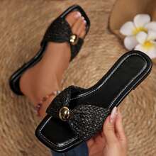 Bow Sandals For Women Dressy Square Open Toe Slippers Comfortable Slides For Summer Casual Vacation Beach Shoes Flats - Black - View 3