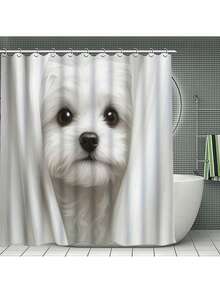 1/3/4pcs Cute & Healing Style White Curtain Puppy Printed Polyester Shower Curtain Set, Bathroom Accessories Include Bath Mat, U-Shaped Mat, Toilet Mat, 180x180cm Shower Curtain With 12 Hooks, Suitable As Holiday Gift - Multicolor - View 8