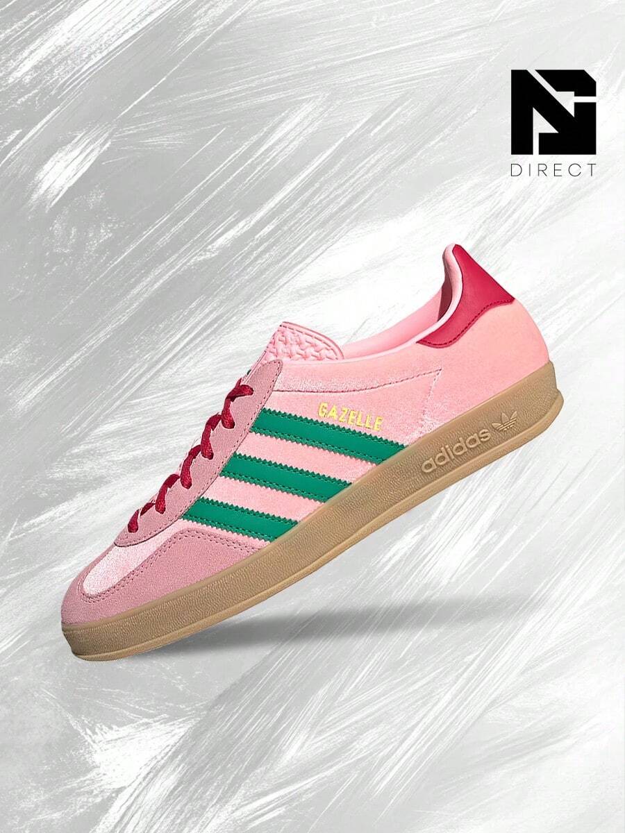 Adidas Gazelle Indoor Pink Velvet (Women's)-Women's Lifestyle Sneakers – Shoes For Woman-Vintage-Spring & Summer-Inspired Running Shoes, Shock-Absorbing Comfort, Gym To Streetwear Casual Wear-Easter Gift–JI2713 - Pink/Green/Scarlet - 查看 1