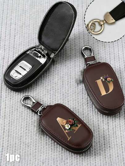 Zipper Keychain - Fashionable Metal Flower With Gold Letter, PU Leather Material, Suitable For Car, Home And Office - Ideal For Valentine's Day, Graduation Ceremony And Teacher's Day - Suitable For Men And Women, Travel Accessories, Elegant Jewelry, Exquisite Craftsmanship, Professional Accessories, Valentine's Day Gift, Recent Holiday Gift, Birthday Gift