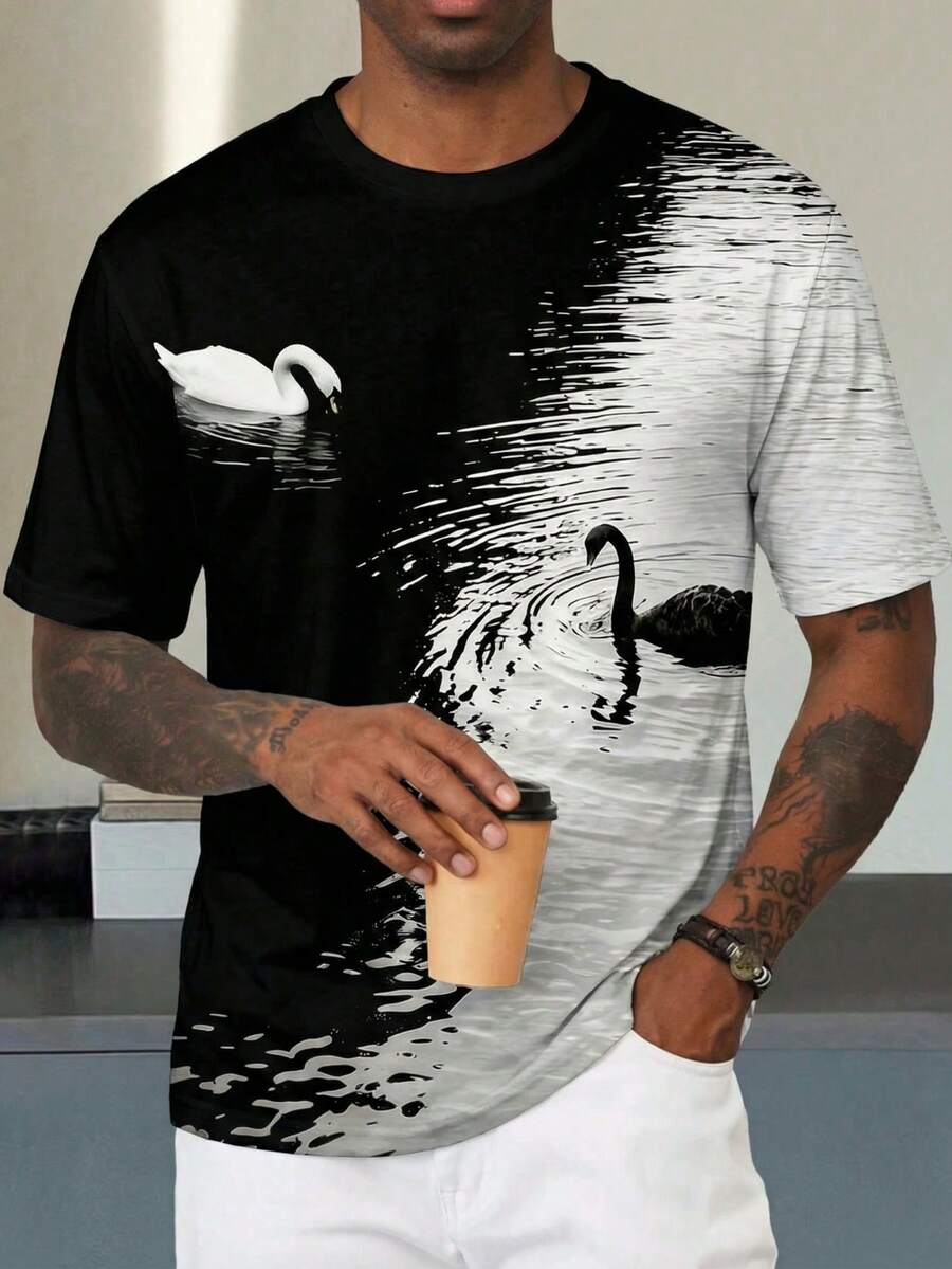 Men's Contrast Color Print Round Neck T-Shirt, Suitable For Summer - Multicolor - View 1