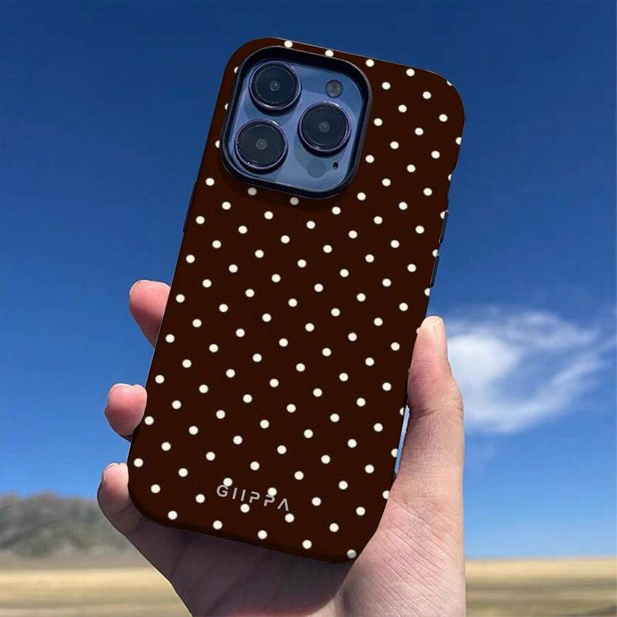 GIIPPA 1pc Brown Base & White Polka Dot Phone Case, Compatible With Iphone 15/14/13, Fashionable Brown Polka Dot Phone Cover, Compatible With Iphone 15/14/13 Pro Max/Plus, Shock-Resistant Full-Body Protection, Slim Fit Design, Suitable For Women And Girls, Item No. 35460, Also Compatible With Iphone 17 Air - Brown - View 1