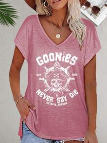 ELYSIAN WEAR 180G V-Neck Vest Casual Loose Fit Women's Top With Goonies Never Say Die Graphic Print For Fans Of Classic Adventure Movies And Pop Culture Inspired Fashion - 玫瑰紅 - 查看 1