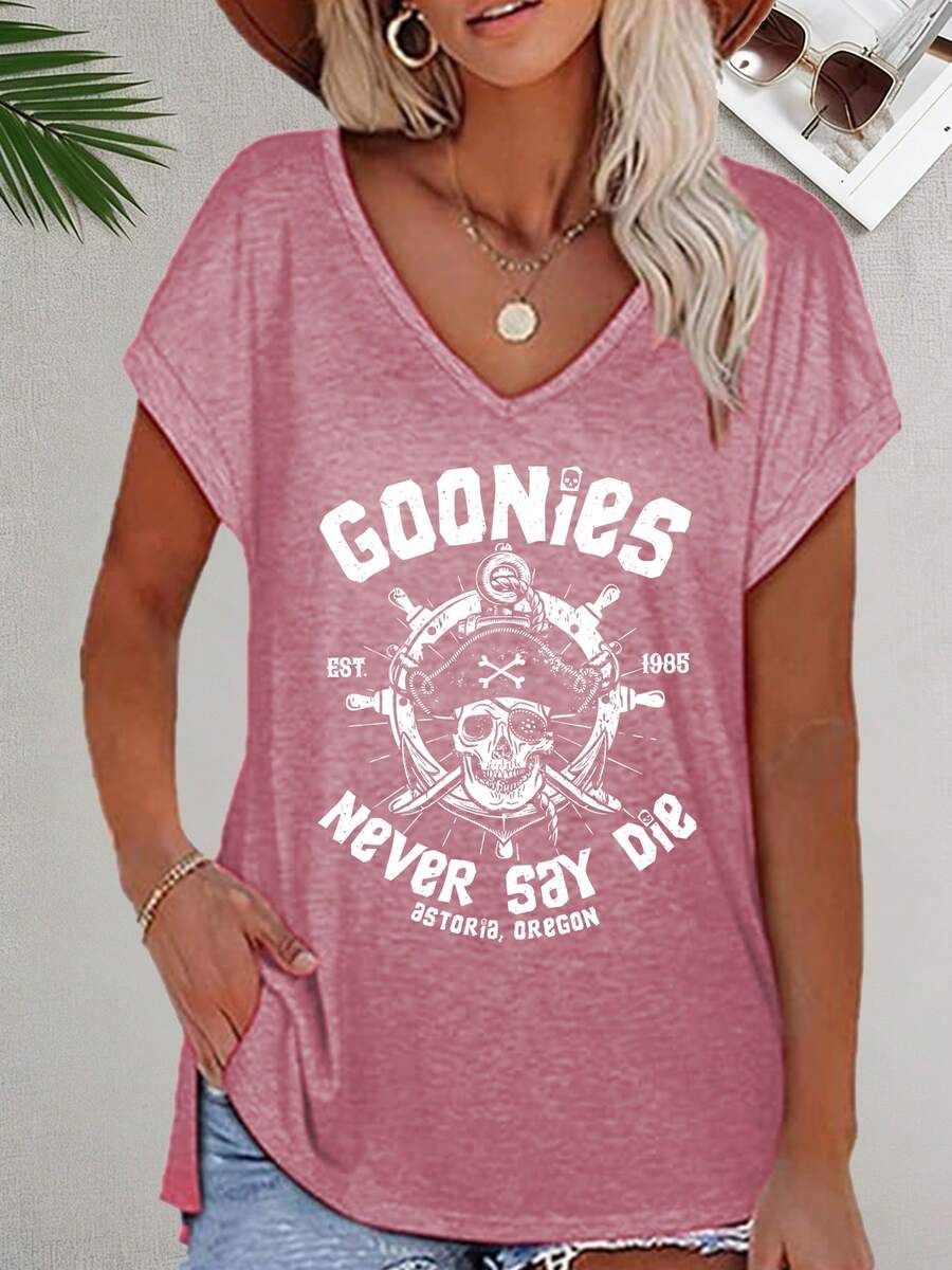 ELYSIAN WEAR 180G V-Neck Vest Casual Loose Fit Women's Top With Goonies Never Say Die Graphic Print For Fans Of Classic Adventure Movies And Pop Culture Inspired Fashion - 玫瑰紅 - 查看 1