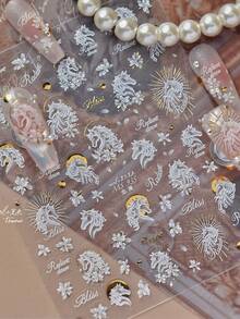 1片装 5D立体美甲贴纸 精致花朵和可爱小马图案 热压印 DIY自粘美甲贴纸 - 白色 - 查看 6