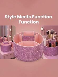 1pc Rhinestone Rotating 360° Storage Box, Large Capacity, Multicolor Rhinestone Encrusted Surface, Luxurious Sparkling Style, Hexagonal Pillar Shape, Neat Edges, Makeup Tool Container, Suitable For Bedroom Vanity, Dressing Room Desk, Etc.,Room Decor - Multicolor - View 5