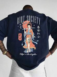 1 chiếc áo thun nam tay ngắn dáng rộng in họa tiết thời trang | Thiết kế tinh tế | Món đồ không thể thiếu cho mùa hè | Dễ phối đồ, thể hiện phong cách của bạn - Màu xanh hải quân - Xem 1