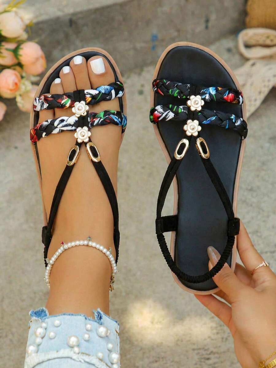Colorful Floral Braided Thong Sandals For Women – Bohemian Multicolor Woven Strap Flats With Rhinestone Flower Decor, Gold Filigree Charms & Ankle Strap, Perfect Summer Vacation Slides, Sandalias De Mujer Con Diseño Trenzado Floral Multicolor, Zapatos De Mujer Verano Bohemios Planos Con Detalles De Diamantes Y Encantos Dorados, Women Shoes Black Base Braided Pattern For Beach Holidays, Women's Shoes Comfortable Open-Toe Slingback Sandals With Vibrant Weave And Elastic Band, Summer Sandalias Planas Para Mujer En Negro Con Motivos Tropicales Y Accesorios Brillantes, Ideal For Casual Outings Or Tropical Escapes, Featuring Cushioned Sole For Daily Wear, 2026 Styles Including Square-Toe Thongs, Asymmetric Toe-Rings, Slim-Strap Flip-Flops, Transparent PVC Accents, Vintage Silhouettes, Heeled Thongs, Mesh Footwear, Jelly Shoes, Boho Gladiators, Gorp-Y Corded Designs, Embellished Flips, Woven Heels, And Ballet-Inspired Elements - 298H9 - 查看 1