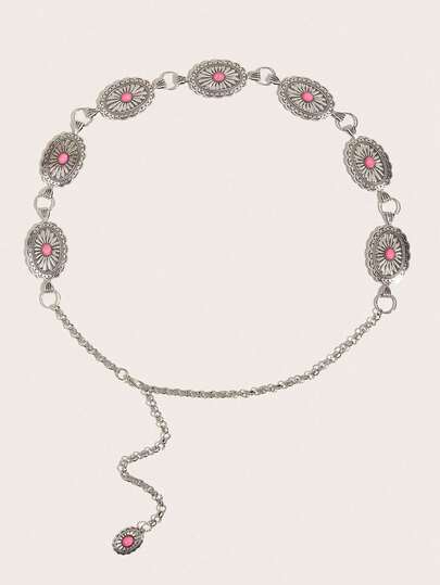 1pc Kids Waist Belt, Cowgirls, Girls Belt, Pocket Chain, Cute Belt, Y2K Belts, Chain Belt, Turquoise Carved Flower Silver Color Waist Chain, Matching Skirts, Suitable For School, Daily Wear, Party, Holiday & Birthday Gifts, New Year