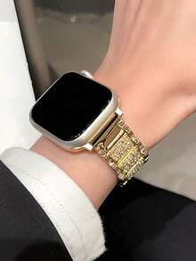 1条兼容表带，提供38mm、40mm、41mm、42mm、44mm、45mm、49mm尺寸，女士珠宝替换金属表带，闪亮，适用于S9，水钻复古表带，金属表带，S8女士Ultra2表带，兼容SE9/8/7/6/5/4/3/2/1 Apple Watch8，水钻女孩第七代新款SE创意S6高端金属手表，搭配夏季配饰 - 金色 - 查看 2