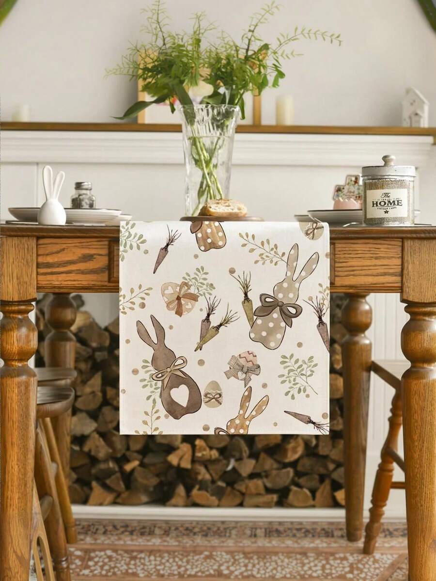 1 pieza Conejito de Pascua, Mantel de mesa con hojas de abedul y zanahoria, Decoración de mesa de cocina y comedor de primavera, Decoración del hogar y fiesta - Camel - Ver 1