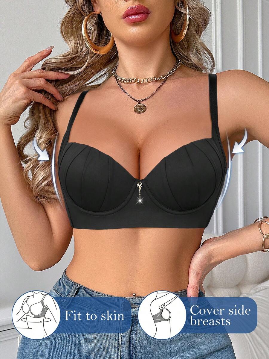 Women's Black Underwire Push Up Bra - Side Coverage & Skin-Fit Design - Black - View 1
