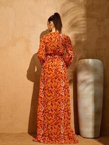 LOVE&LEMONADE 性感橙色豹纹长袖V领交叉腰带高开衩沙滩派对连衣裙 - 橘色 - 查看 6