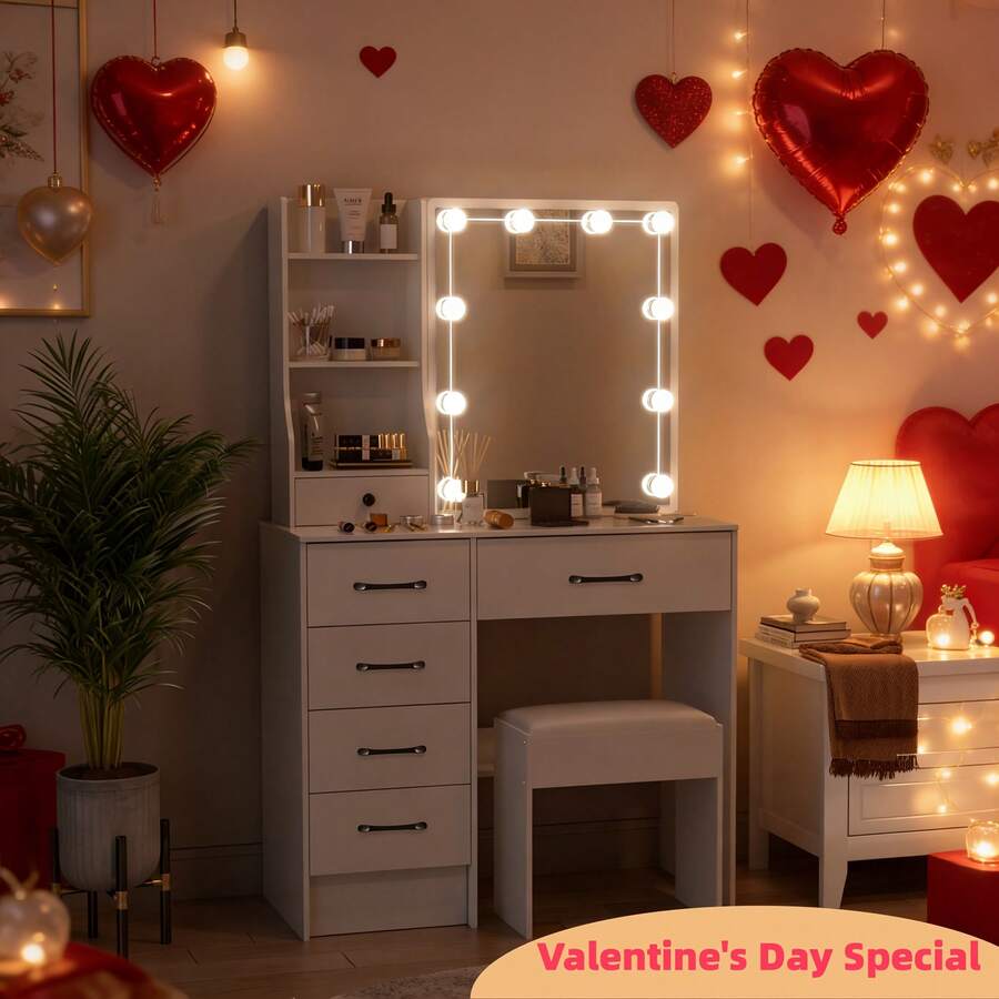 Valentine's Surprise For Her | Premium Solid Wood Makeup Vanity, 3-Speed Soft LED Mirror, Space-Saving Storage, Easy Assembly, Perfect Gift To Decorate Her Exclusive Beauty Corner - White - View 1