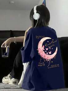 Camiseta larga casual negra para mujeres con estampado de letras de luna y estrellas, cuello redondo, manga corta para primavera y verano, camiseta de moda de primavera, diseño, textura suave, estilo de ropa urbana, camiseta larga, tela ligera, camiseta básica, para mujeres - Negro - Ver 9