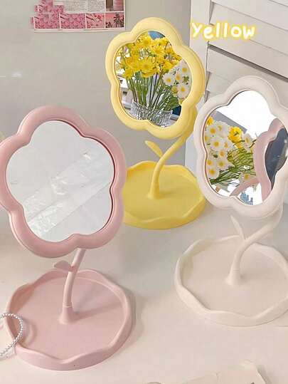 1pc Rotating Floral Shaped Makeup Mirror With Storage Tray, Portable Vanity Mirror For Desk, Bedroom, Bathroom, Living Room, Decorative, Daily Makeup And Skincare Use, Compact And Lightweight, Suitable For Dorm, Travel, Home, Fashionable Makeup Accessory And Tool, Great For Women, Christmas Gift, Giveaway, And Beauty Enthusiasts