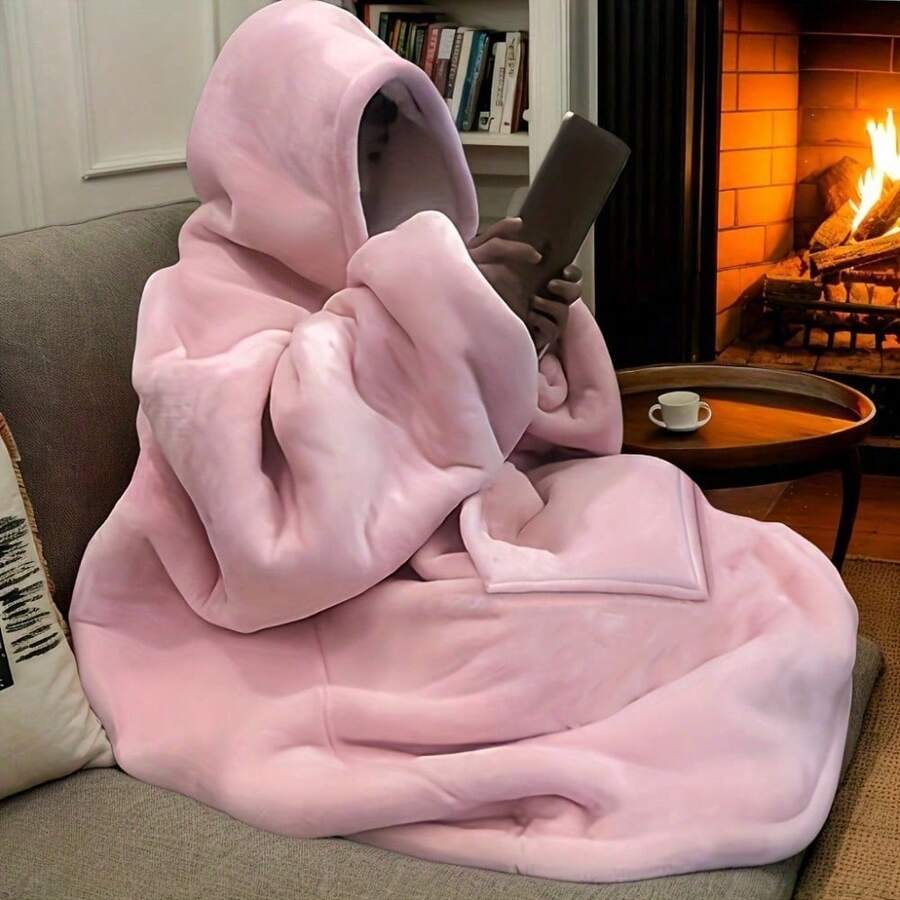 Ultra Soft Double Face Hooded Sweater, Wearable Blanket For Women And Men, Oversized Sportswear Hoodie, Ultra Soft Warm Comfortable Wearable Blanket Hooded Sweater, Suitable For Large MouthsBag Adult - Hồng - Xem 1