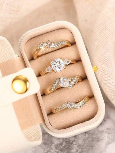 4 Pcs Fashion Cubic Zirconia Rings With Box For Women For Wedding Engagement Anniversary Party Jewelry Valentine's Day Gift