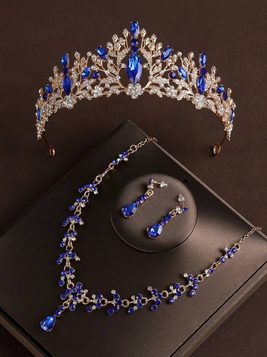 4件套新娘婚礼蓝色皇冠项链耳环优雅首饰套装，适合婚礼派对 - 藍色 - 查看 1