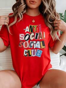 Colorful Ransomstyle Letter Graphic Expressing A Playful Anti Social Club Theme Women's Casual 100% Cotton Tee - 紅色 - 查看 7