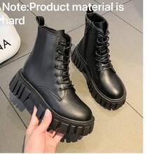 Round Toe Short Ankle Boots For Women, Side Zipper Thick Sole All-Season, Fashion Elevated, Net Celebrity Versatile Soft Leather, Lightweight Breathable Material Lace-Up Outdoor Anti-Slip Casual Classic Plus Size Motorcycle Boots, Convenient For Travel Or Daily Wear - Black - View 12