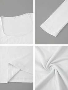 Vaiaye 大码女装春夏性感修身长袖针织上衣，纯色方领T恤，休闲白色 - 白色 - 查看 11