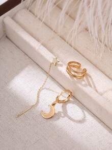 1 Set de Pendientes de Oro Multicapa + Pendientes de Estrella + Cadena de Oreja con Borla de Luna, 3 piezas, Diseño de Nicho Accesorios de Oreja Estratificados, Combinación de Joyería de Estilo Chic Atmosférico - Amarillo Oro - Ver 6