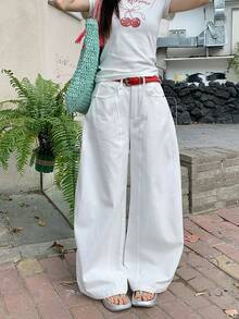 Women's Washed Wide Leg Jeans, Loose Casual Fashion Versatile Pants - White - View 1