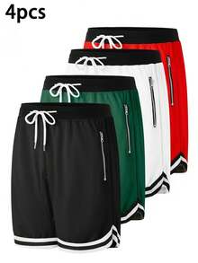 4 Stück Herren Sommer Sportshorts, aus 100% Polyester Strickstoff, einfarbig mit Taschen, Regular Fit, ohne Gürtel, leicht elastisch - Basketball Sport Fitness Shorts Geschenk für Vater und Freund - Verschiedenfarbig - Übersicht 4