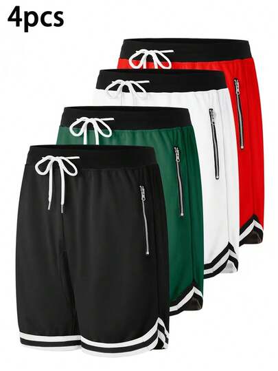 4pcs Men's Summer Sports Shorts, Casual Breathable 100% Polyester Knit Fabric, Solid Color With Pockets, Regular Style, No Waistband, Slight Stretch - Basketball Shorts