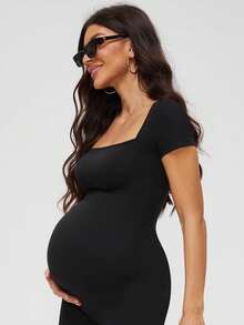 Buttery Soft Maternity Bodysuit – Short Sleeve Romper, Square Neck, Photoshoot Casual Workout Maternity-Clothes - Black - View 8