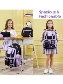 Backpack For Girls, 3 PCS Waterproof Girls Backpack With Lunch Box & Pencil Case, Kid Backpacks For Teen Girl Kindergarten Elementary Middle High School Student Back To School Kid Bookbag Set - Xanh lá cây và đen - Xem 8