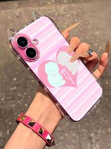 1 carcasă de telefon moale TPU rezistentă la șocuri, cu dungi, inimă goală, urechi de pisică, decorați cu fundă, cu șnur, compatibilă cu 17/17 Pro/17 Pro Max/Air/16/16 Pro/16 Plus/16 Pro Max/15 Pro Max/15 Pro/15 Plus/11/12/13/14/15/16E - Multicolor - Vizualizare 4