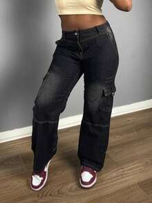 Retro Wide-Leg Work Jeans, Slim Fit,  Brand, Multi-Pocket Design - Black - View 2