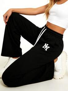 Women's Black Loose Pants With Contrast Color NY Letter Print, Drawstring Waist, Flattering And Slimming, Suitable For Daily, Commute, And Weekend Wear Spring Sports - Black - View 9